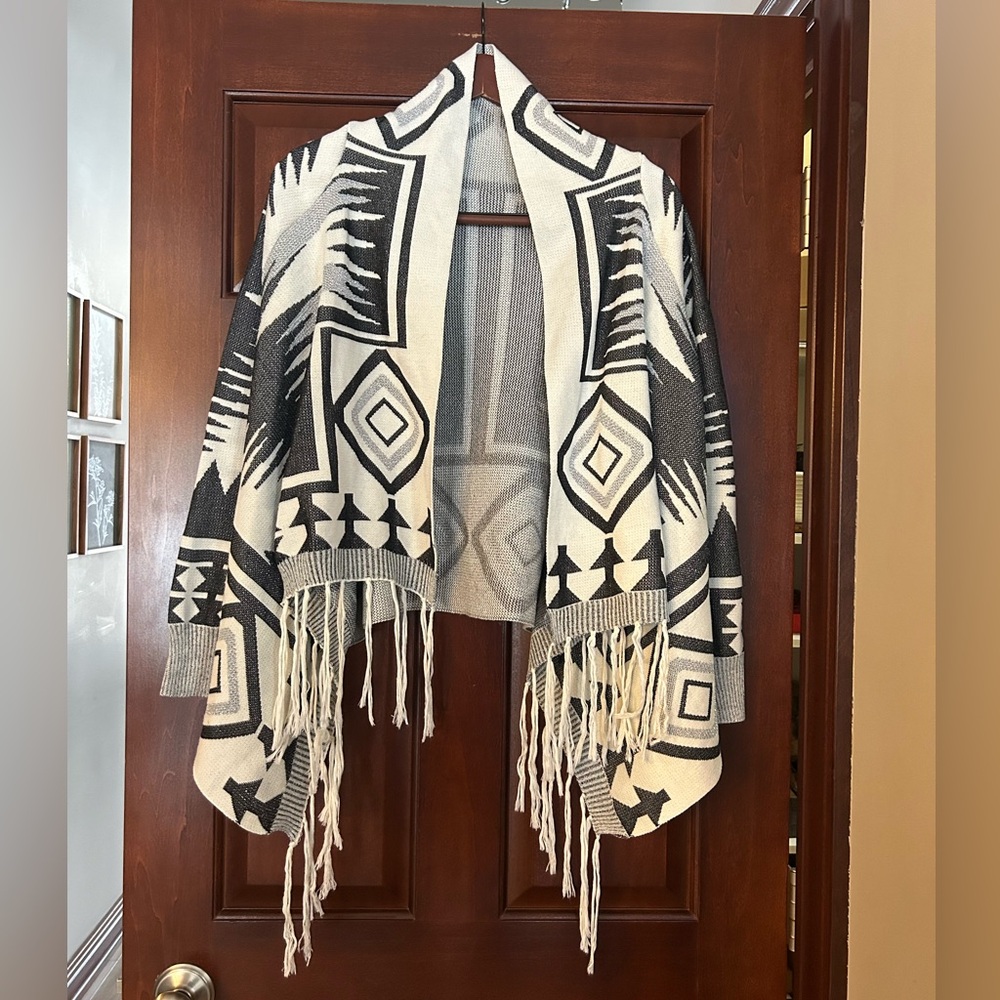 Boho Aztec Fringe Open Front Shawl Cardigan Banana Love S